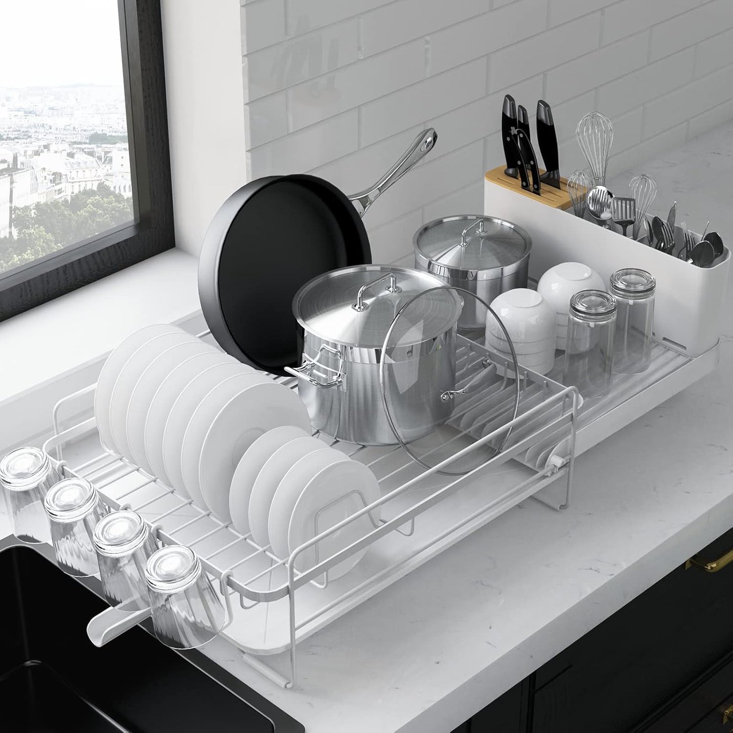 Kitsure Large Dish Drying Rack - Extendable Dish Rack, Multifunctional Dish Rack for Kitchen Counter, Anti-Rust Dish Drainers with Cutlery & Cup Holders 19.2"-26.7" L x 12.9" W, Black