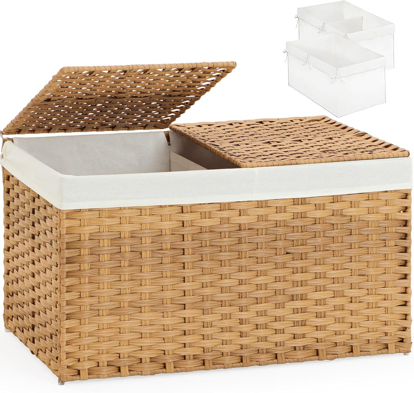 Storage Basket with Lid Rattan Storage Basket with 2 Separate Lid, 27.8 Gallon (105 L) 25.2 * 15.4 * 16.1 Inches Woven Wicker Baskets with 2 Liners and Handles for Bedroom Laundry-Natural
