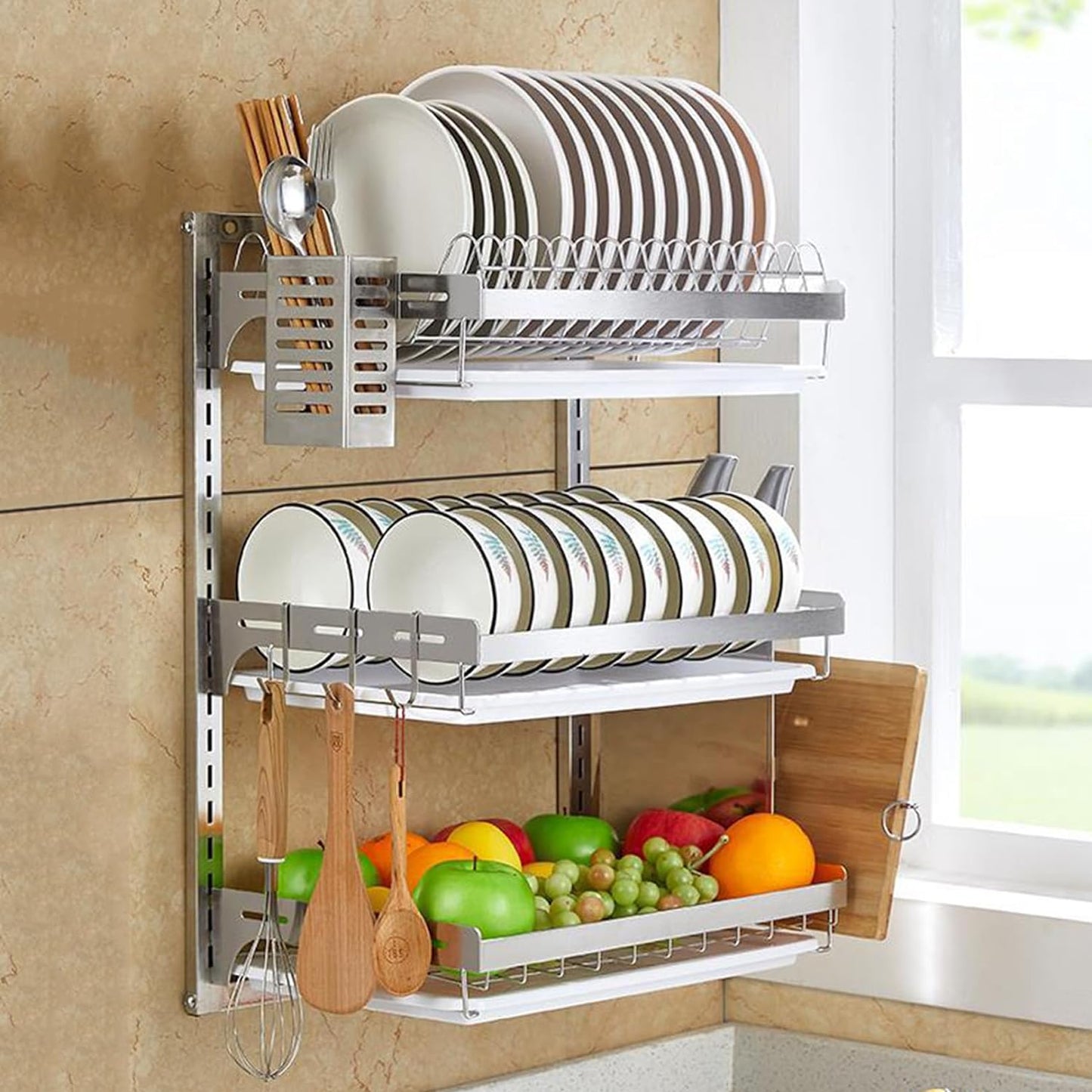 304 Stainless Steel Wall-Mounted Dish Drying Rack, Adjustable Height Dish Drainer with Cutting Board Holder, Dish Rack for Kitchen Organizer Space Saver - Silver