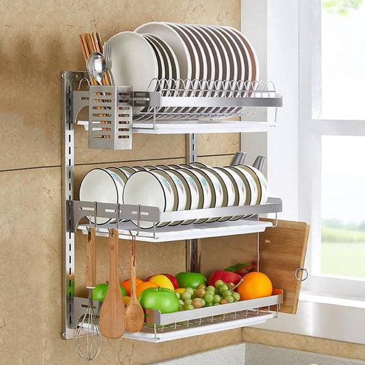 304 Stainless Steel Wall-Mounted Dish Drying Rack, Adjustable Height Dish Drainer with Cutting Board Holder, Dish Rack for Kitchen Organizer Space Saver - Silver