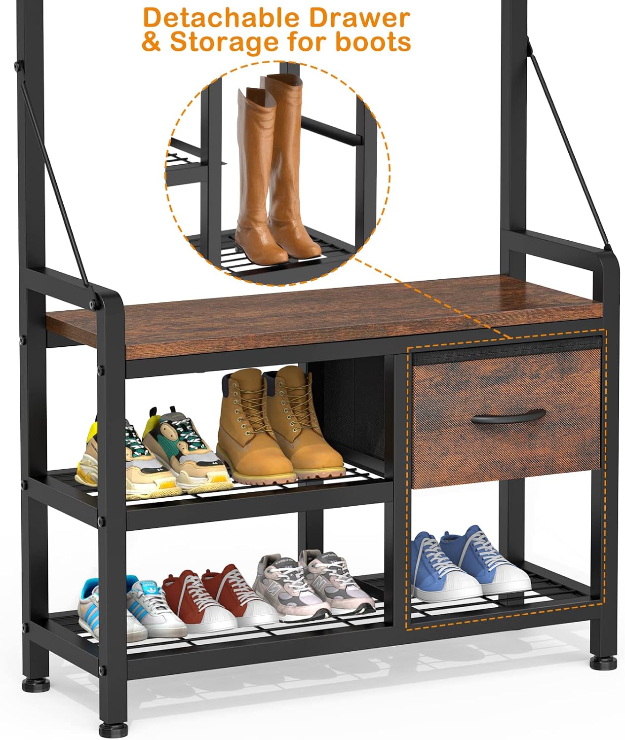 Lulive Hall Tree, 31.5” Entryway Bench with Coat Rack freestanding, 5 in 1 Intelligent Design Shoe Bench and Wall Rack 17 Hooks and Drawers (Rustic Brown)