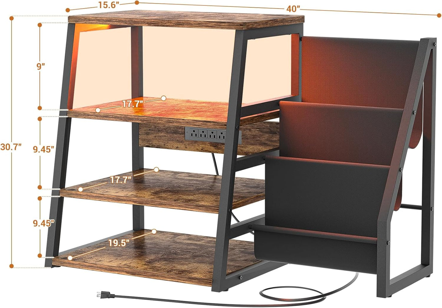 AV Media Stand with Outlets, Stereo Stands and Racks with Vinyl Storage, Stereo Stand with Record Storage, Audio Stereo Rack Cabinet, Turntable Console Stand with LED Lights, 4 Tiers, Rustic Brown