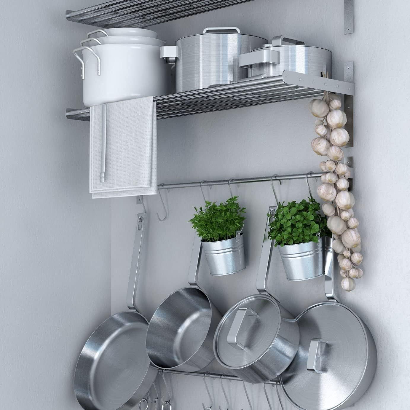 Stainless Steel Kitchen Organizer Set 31.5" for Hanging Pots and Pans Set and Lid Organizer, Silver (2X Shelf, 2X Rail, 30 Hooks)