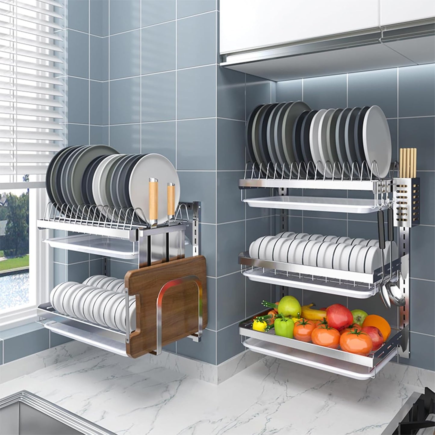 304 Stainless Steel Wall-Mounted Dish Drying Rack, Adjustable Height Dish Drainer with Cutting Board Holder, Dish Rack for Kitchen Organizer Space Saver - Silver
