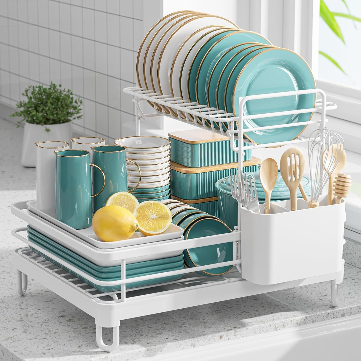Dish Drying Rack - X-Large Stainless Steel Dish Rack for Kitchen Counter, 2-Tier Kitchen Organizers and Storage for Dishes, Bowls, Cutlery, Black