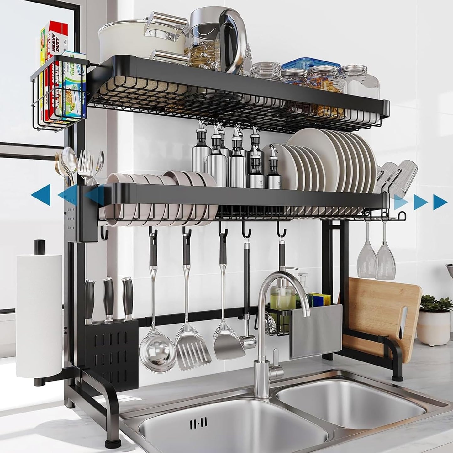 Over The Sink Dish Drying Rack,3 Tier Adjustable Length Full Stainless Steel Large Storage Kitchen Dish Rack,for Kitchen Counter Expandable Multifunctional Organizers,Silver (25.98-37.6")