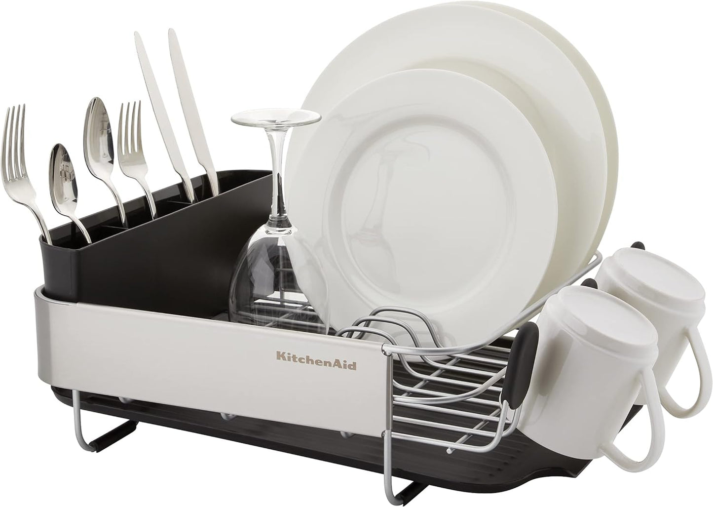 KitchenAid Compact, Space Saving Rust Resistant Dish Rack with Removable Flatware Caddy and Angled Self Draining Drainboard, 16.06-Inch, Black