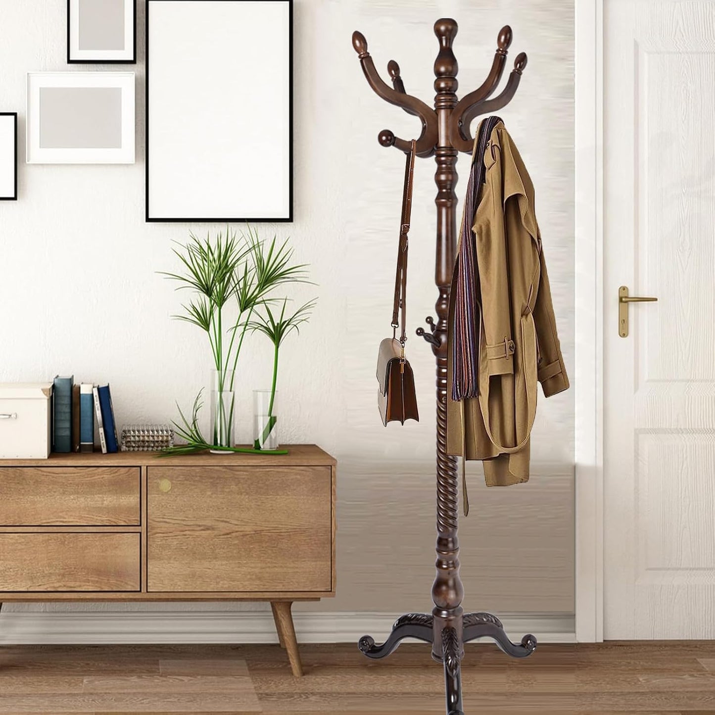Coat Racks Free Standing with 14 Hooks, Natural Wood Coat Stands for Entryway, Adjustable Height 73 in Tree Coat Rack Stand for Hallway Home Office Bedroom (Mahogany)