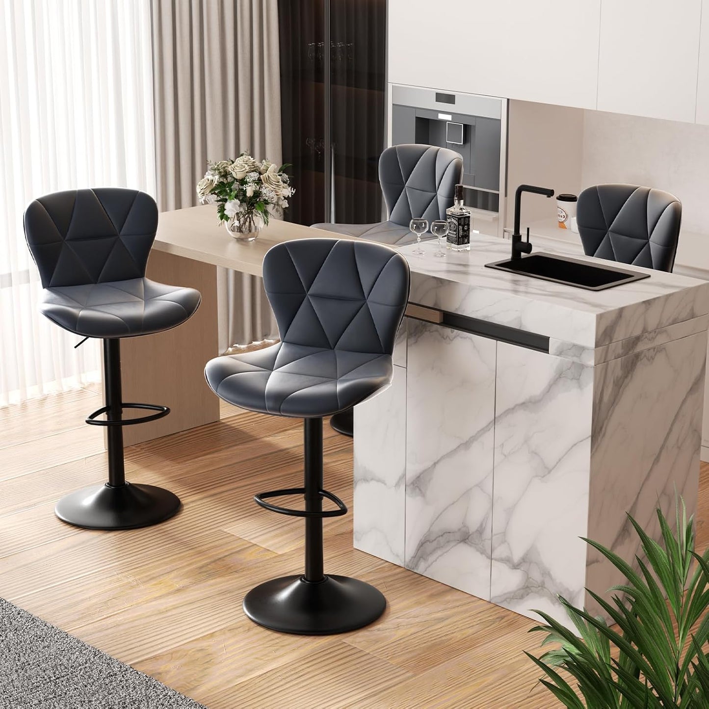 Modern Bar Stools Set of 2, Adjustable Faux Leather Upholstered Swivel Bar Stools, Counter Height Bar Chairs with Back for Kitchen Island, Black