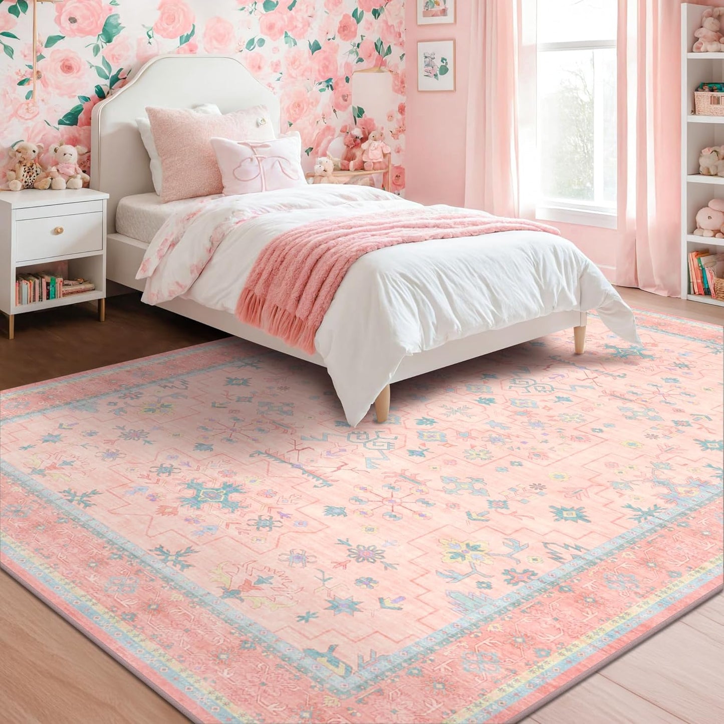 Green Area Rugs 9x12 Living Room - Washable Oriental Geometric, Extra Large for Bedroom Non Slip Soft Faux Wool Carpet for Dining Room Playroom, Lounge - Blue and Green Floral Rug