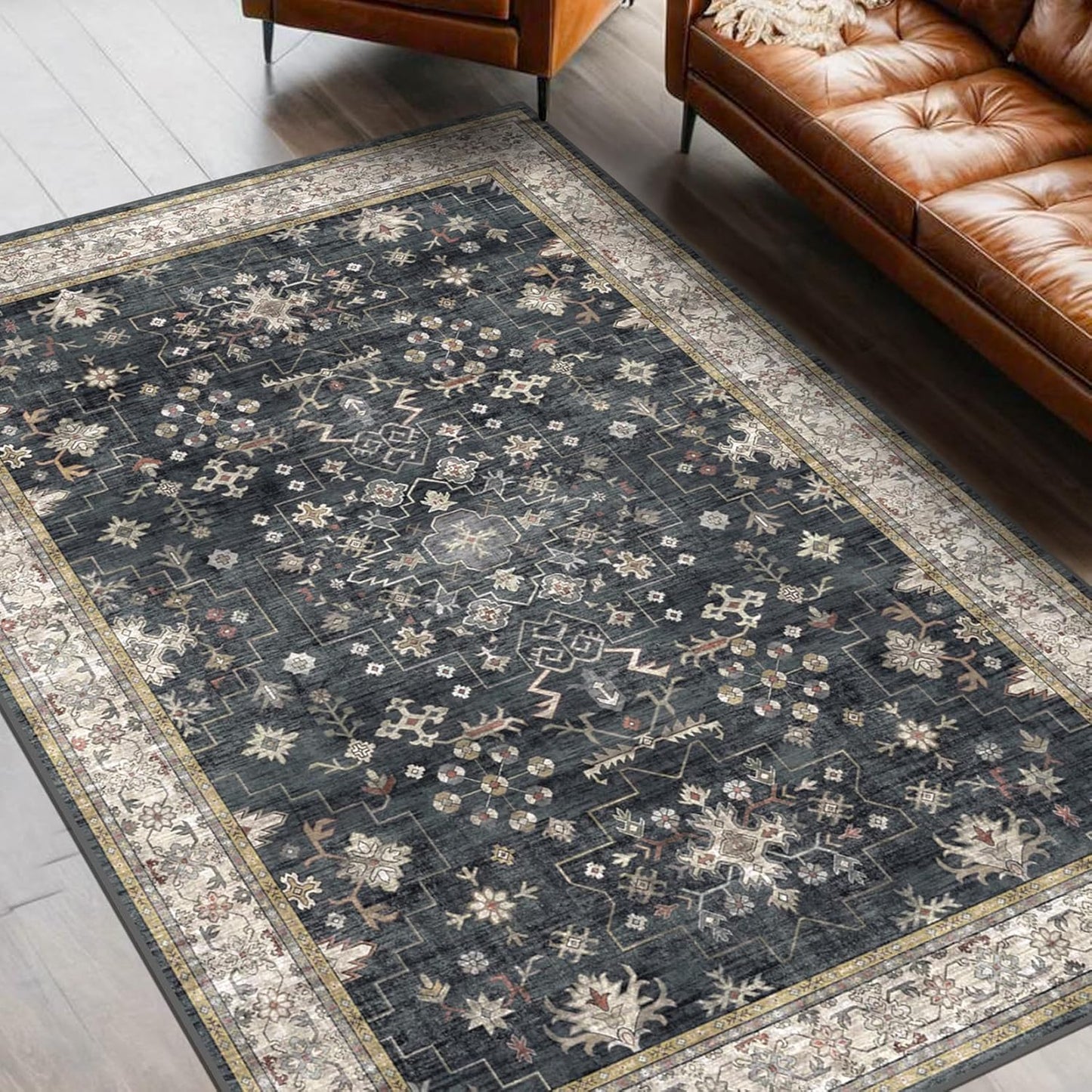 Green Area Rugs 9x12 Living Room - Washable Oriental Geometric, Extra Large for Bedroom Non Slip Soft Faux Wool Carpet for Dining Room Playroom, Lounge - Blue and Green Floral Rug