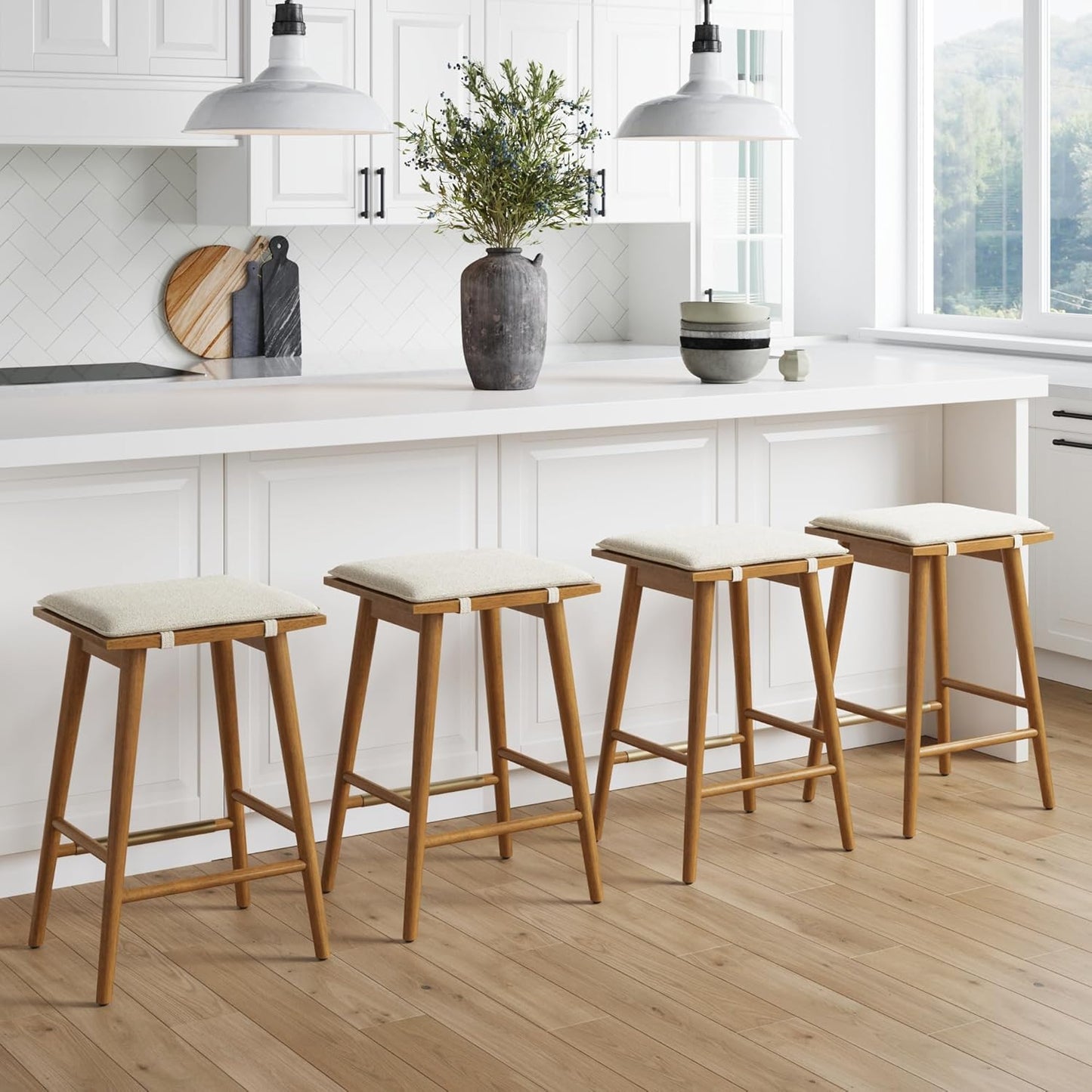Nathan James Barker Classic Counter Height Wood Barstool with Leather Removable Cushion, Backless Island 24" Bar Stool for Kitchen, Chestnut Brown
