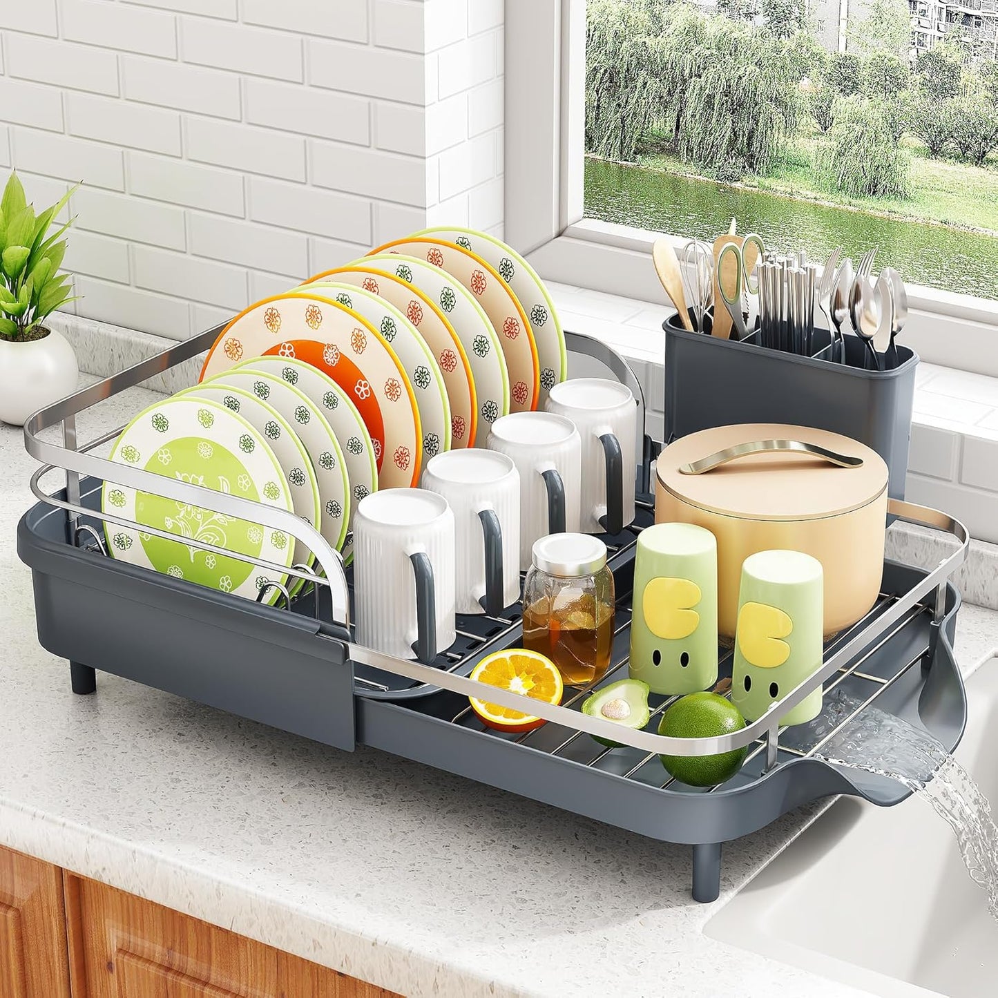 SAYZH Dish Drying Rack - Expandable Dish Rack for Kitchen Counter, Rust-Resistant Dish Drainer with Utensil Holder and Raised Guardrail, Kitchen Organizer for Cup and Bottle (Black)