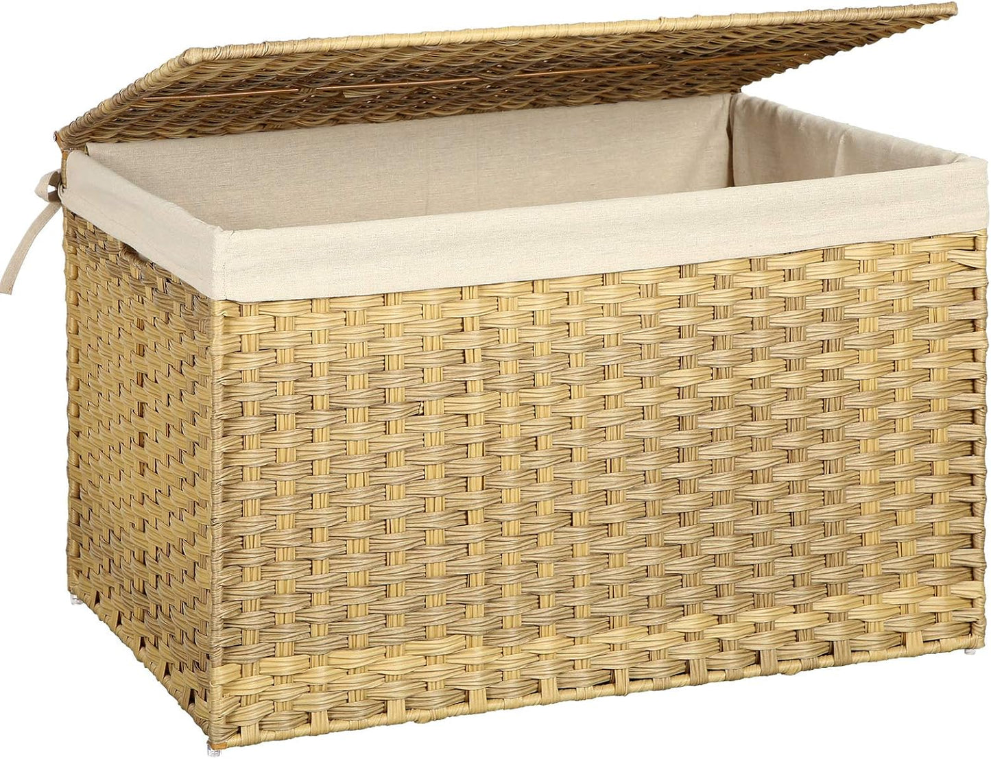 SONGMICS Storage Basket with Lid, 42.3 Gallon (160L) Storage Bin, Woven Blanket Storage Basket with Handles, Foldable, Removable Liner, Metal Frame, for Bedroom, Laundry Room, Brown URST76BR