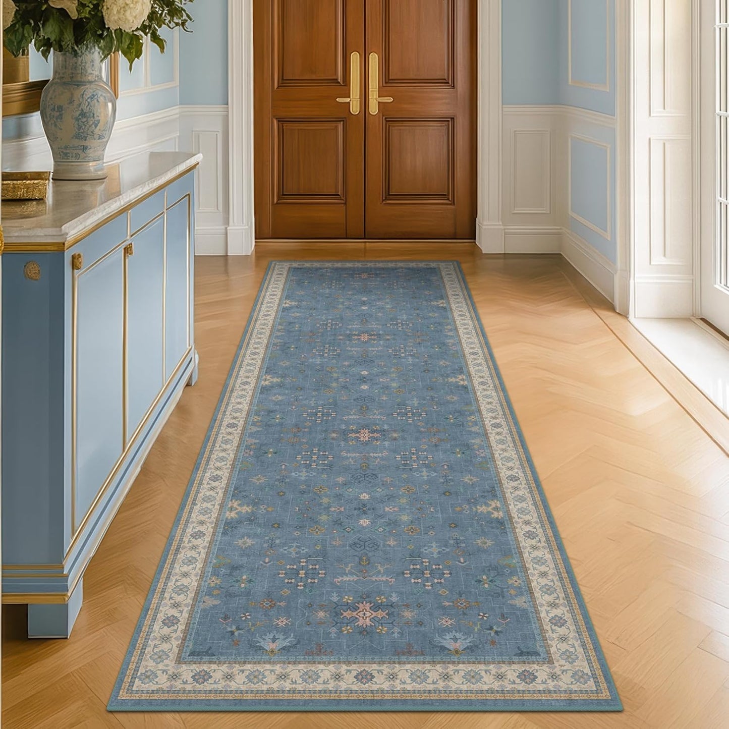 Green Area Rugs 9x12 Living Room - Washable Oriental Geometric, Extra Large for Bedroom Non Slip Soft Faux Wool Carpet for Dining Room Playroom, Lounge - Blue and Green Floral Rug