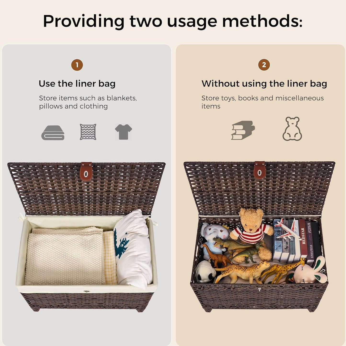 Wicker Storage Basket with Lid,Rattan Shelf Basket with Removable Liner Bag,160L Storage Bin,Storage Trunk with Heightened Feet,Storage Container for Wardrobe,Home Organizer