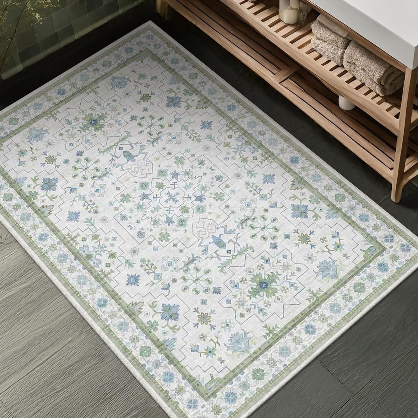 Green Area Rugs 9x12 Living Room - Washable Oriental Geometric, Extra Large for Bedroom Non Slip Soft Faux Wool Carpet for Dining Room Playroom, Lounge - Blue and Green Floral Rug