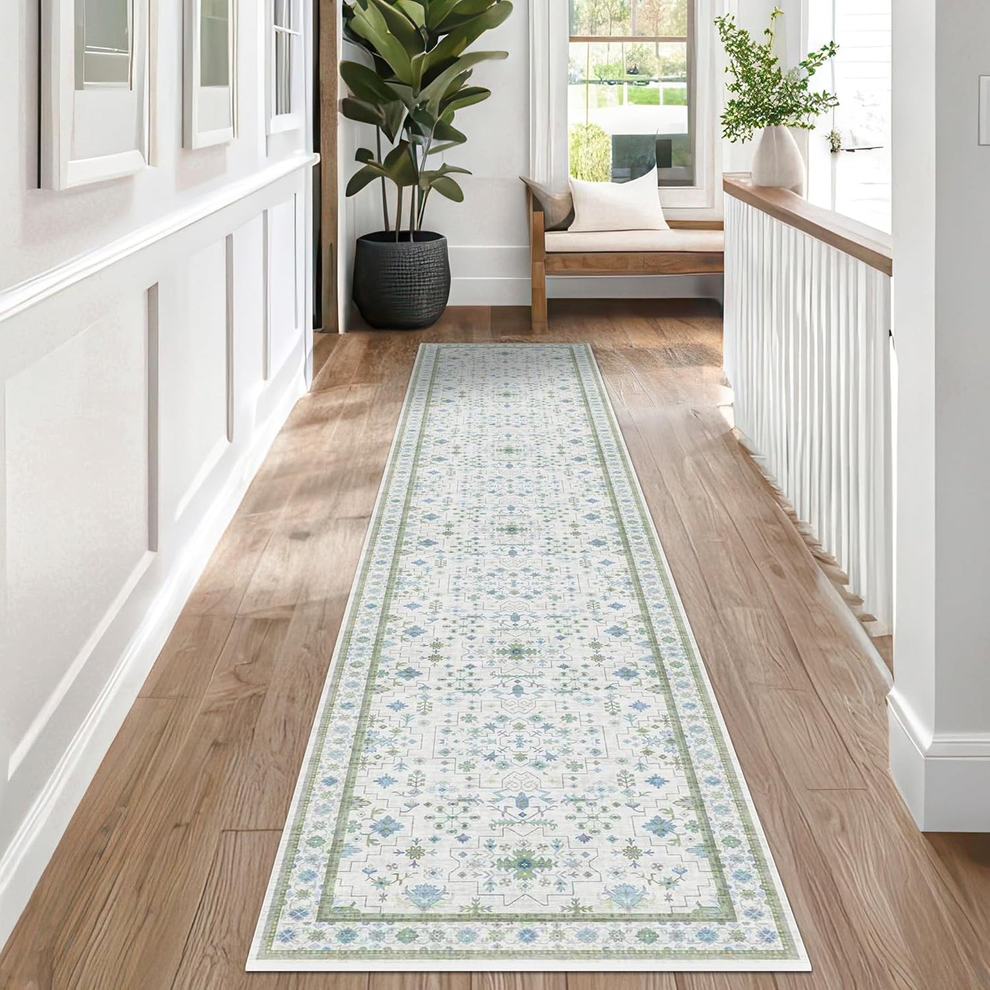 Green Area Rugs 9x12 Living Room - Washable Oriental Geometric, Extra Large for Bedroom Non Slip Soft Faux Wool Carpet for Dining Room Playroom, Lounge - Blue and Green Floral Rug