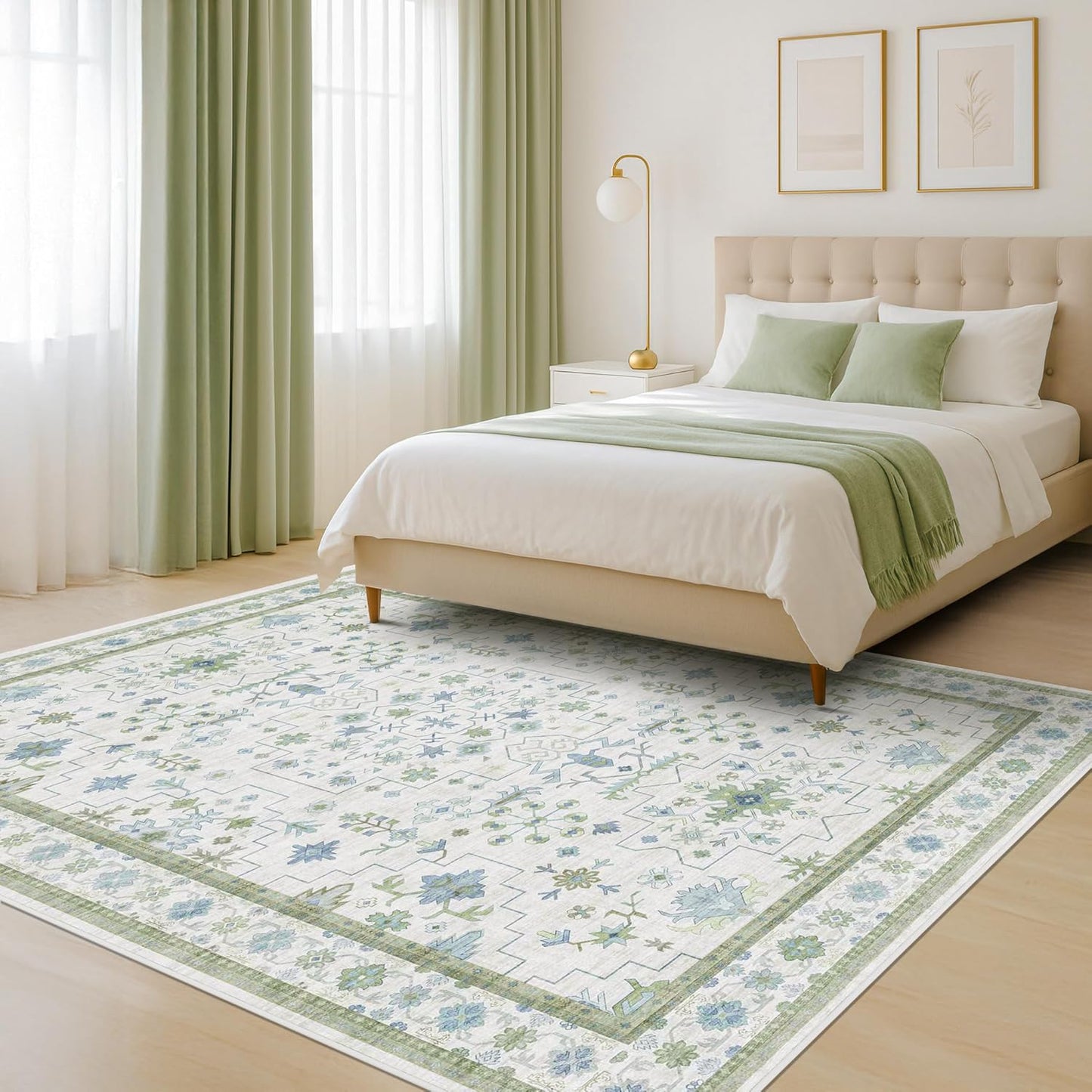 Green Area Rugs 9x12 Living Room - Washable Oriental Geometric, Extra Large for Bedroom Non Slip Soft Faux Wool Carpet for Dining Room Playroom, Lounge - Blue and Green Floral Rug