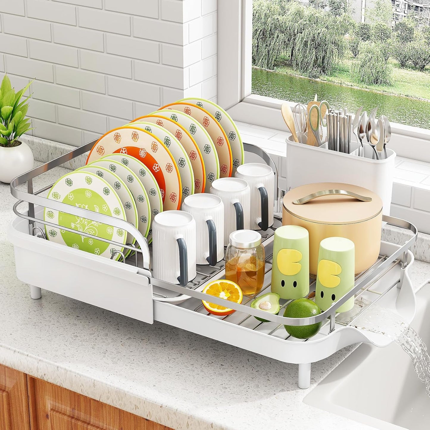 SAYZH Dish Drying Rack - Expandable Dish Rack for Kitchen Counter, Rust-Resistant Dish Drainer with Utensil Holder and Raised Guardrail, Kitchen Organizer for Cup and Bottle (Black)