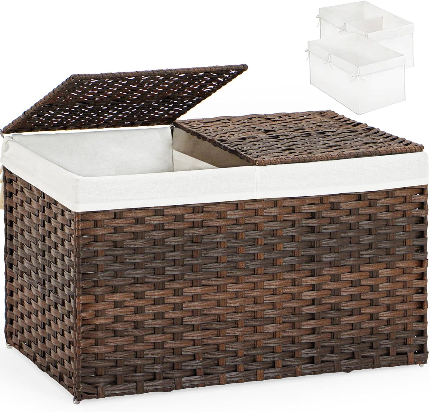 Storage Basket with Lid Rattan Storage Basket with 2 Separate Lid, 27.8 Gallon (105 L) 25.2 * 15.4 * 16.1 Inches Woven Wicker Baskets with 2 Liners and Handles for Bedroom Laundry-Natural