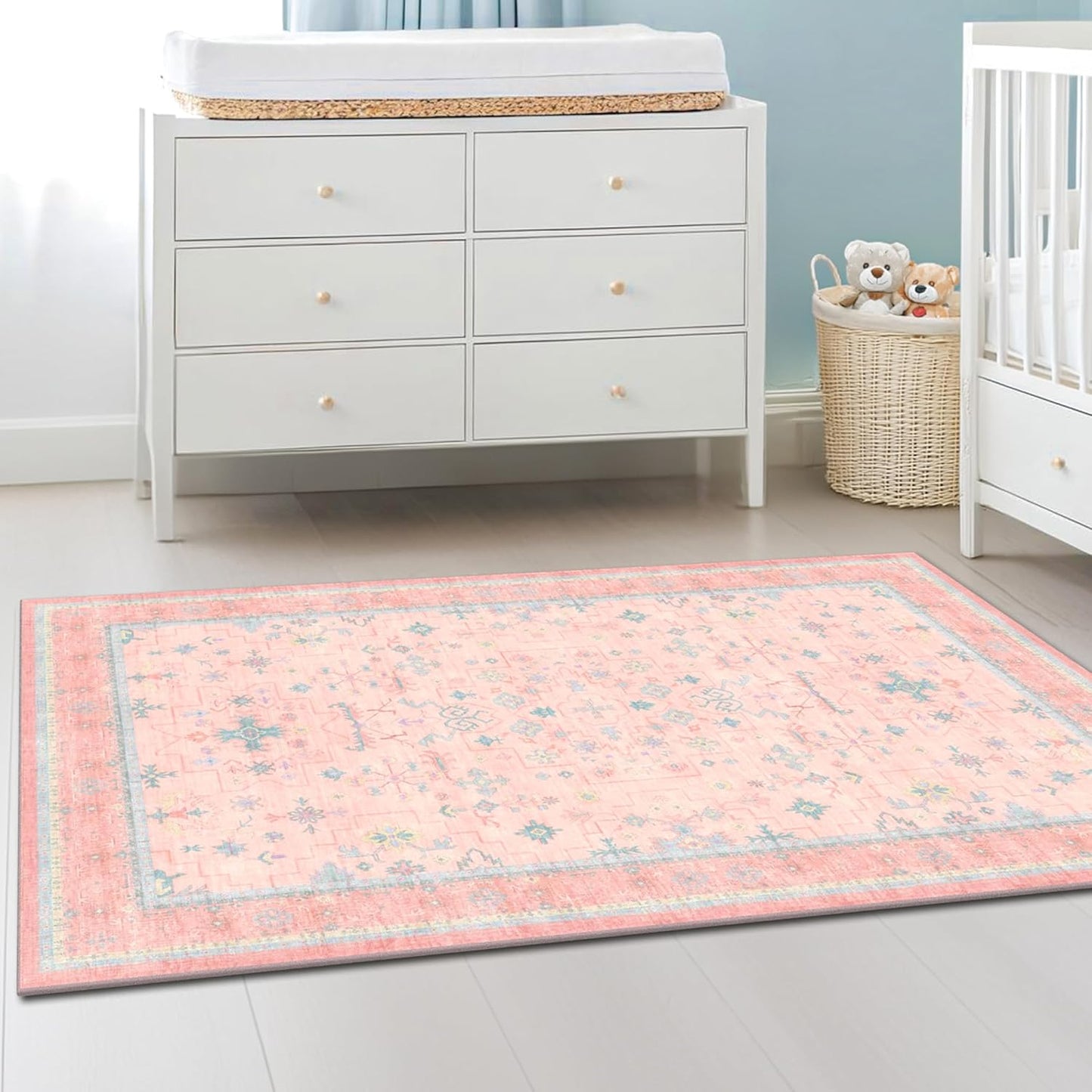 Green Area Rugs 9x12 Living Room - Washable Oriental Geometric, Extra Large for Bedroom Non Slip Soft Faux Wool Carpet for Dining Room Playroom, Lounge - Blue and Green Floral Rug