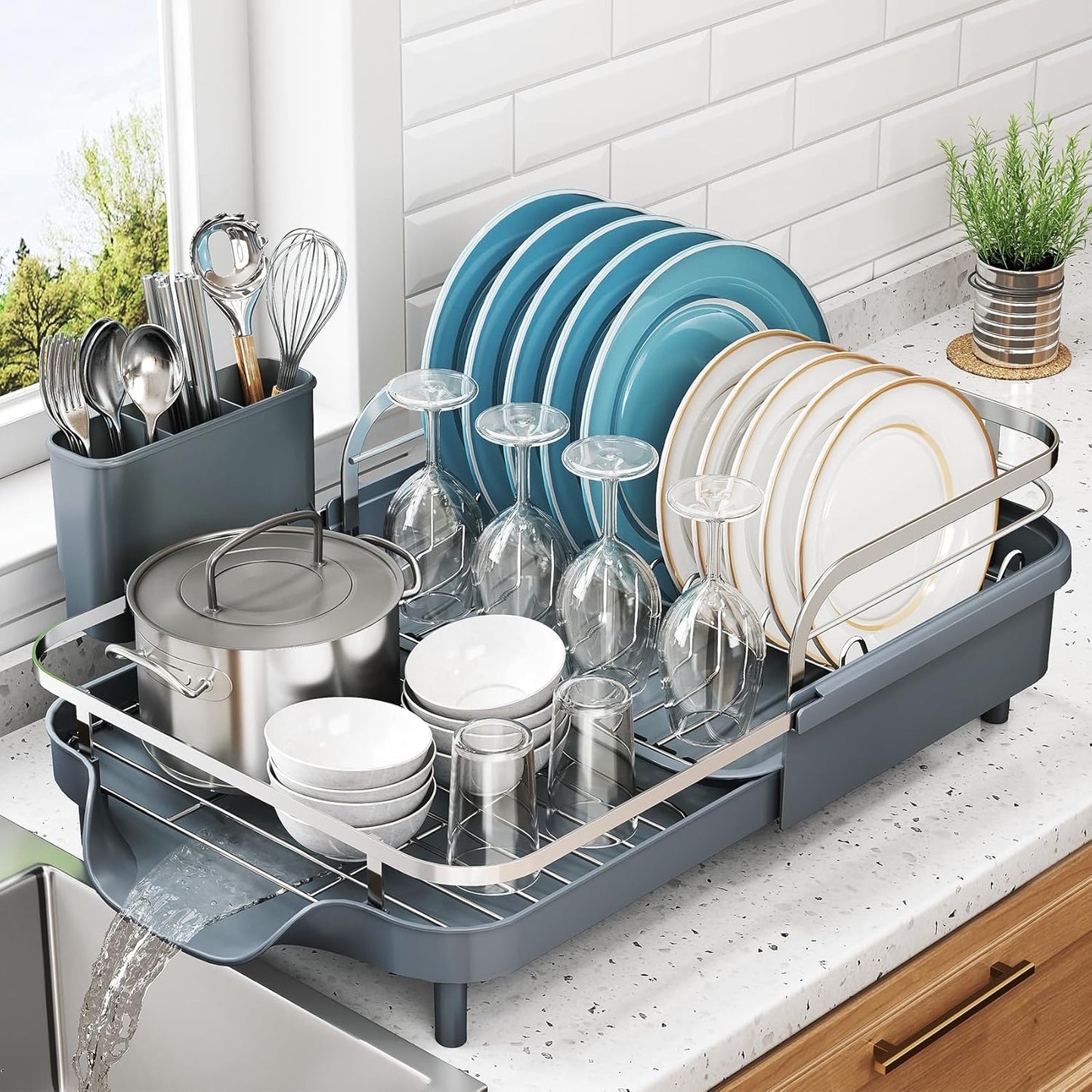 Dish Drying Rack, Expandable Dish Rack for Kitchen Counter, Stainless Steel Dish Drainer with Drainboard Set and Utensil Holder (Black)