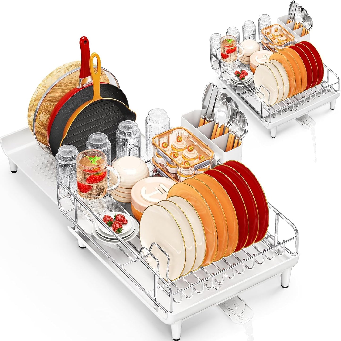 TOOLF Expandable Dish Rack, Dish Drying Rack for Kitchen Counter, Foldable Dish Dryer Rack, Stainless Steel Dish Drainer Racks with Cutlery Holder, Collapsible Dish Drying Racks Large Size,Black