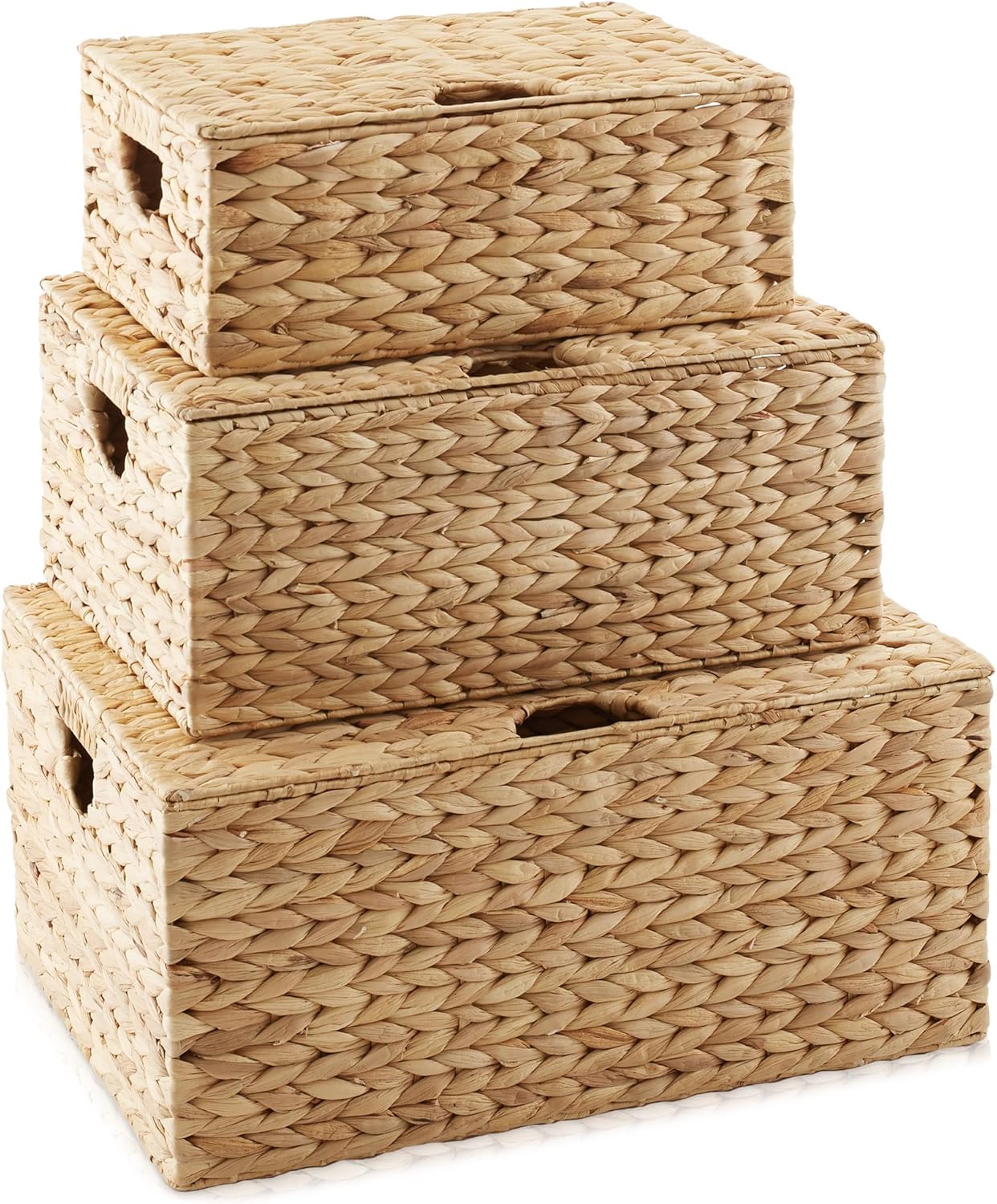 Casafield Set of 2 Water Hyacinth Rectangular Storage Baskets with Lids (Espresso - Medium/Large) for Bedroom, Bathroom, Laundry, Home Office