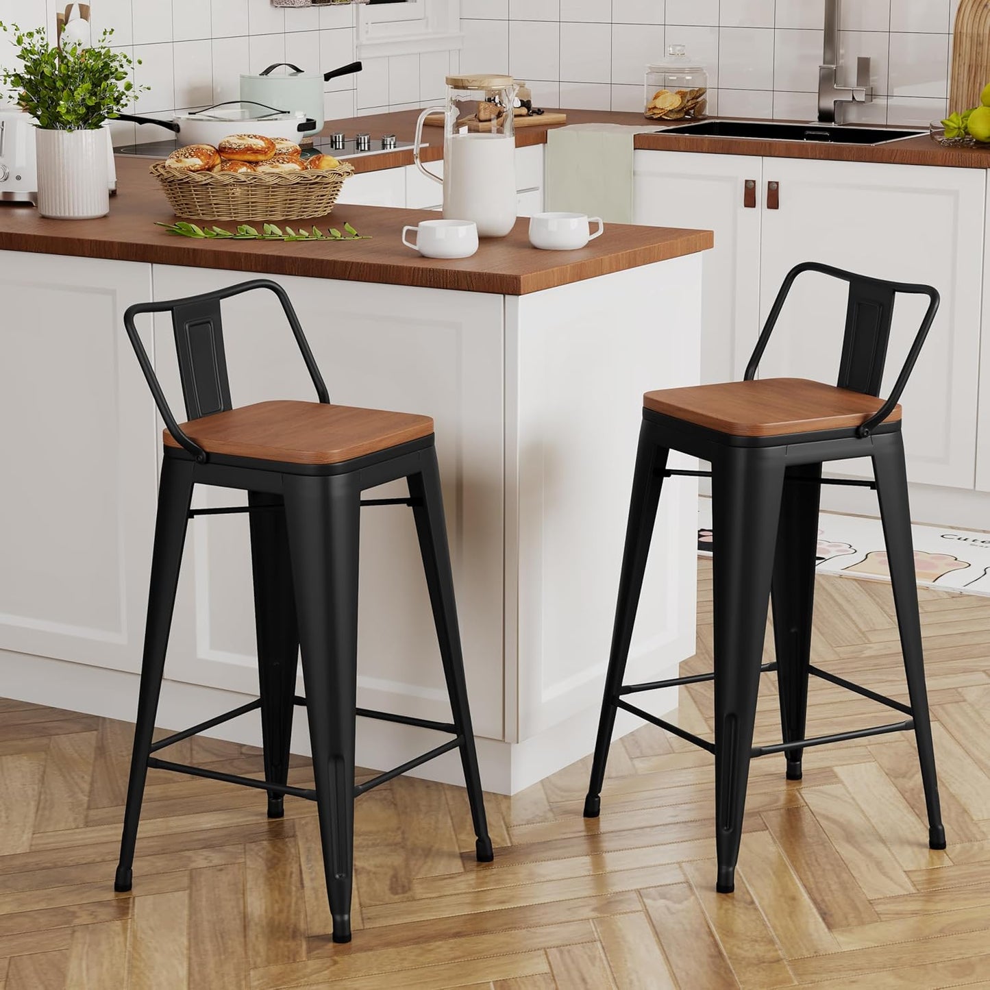 Yongchuang 30 inch Bar Stools Set of 4 Bar Height Metal Barstools with Wood Seat Low Back Kitchen Bar Chairs Matte Black