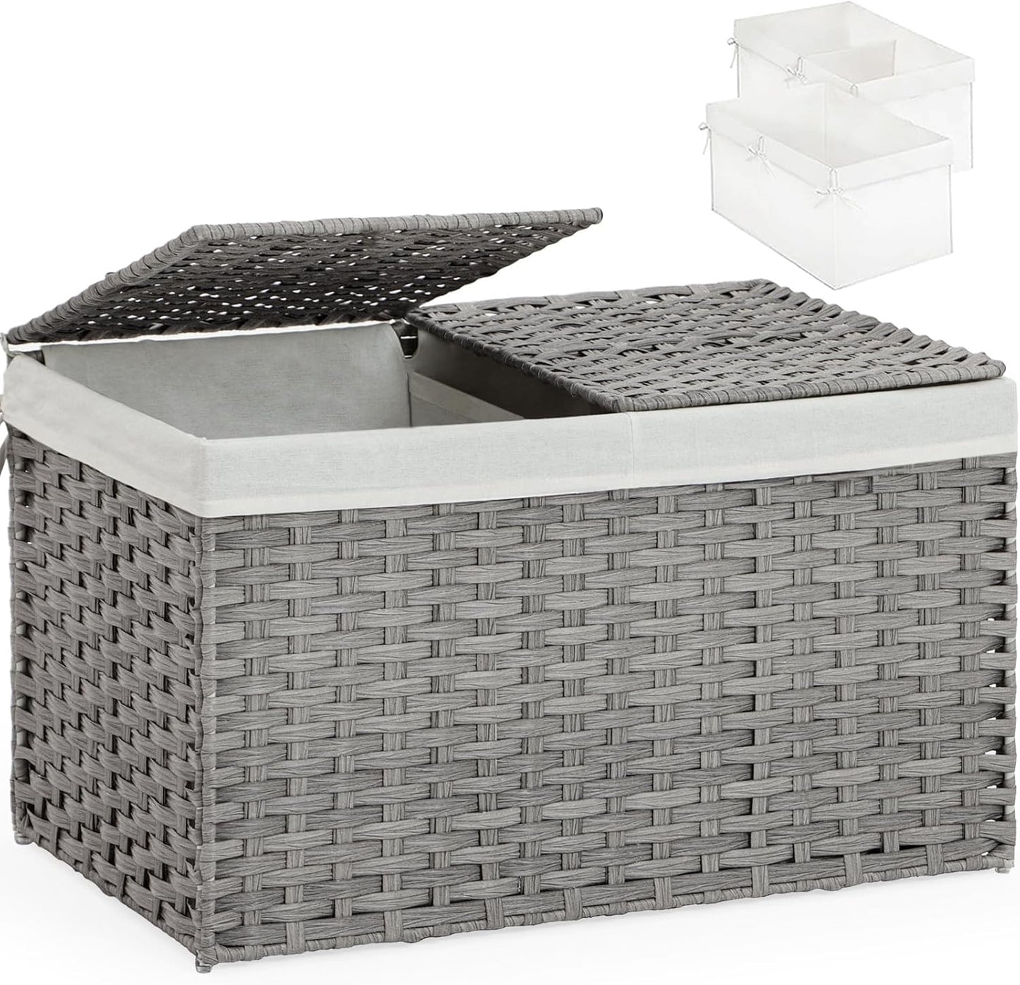 Storage Basket with Lid Rattan Storage Basket with 2 Separate Lid, 27.8 Gallon (105 L) 25.2 * 15.4 * 16.1 Inches Woven Wicker Baskets with 2 Liners and Handles for Bedroom Laundry-Natural