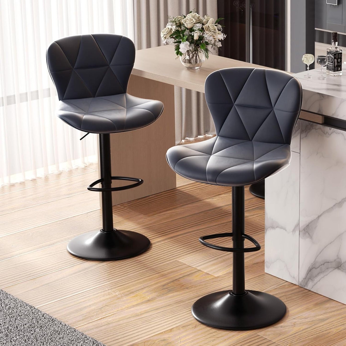 Modern Bar Stools Set of 2, Adjustable Faux Leather Upholstered Swivel Bar Stools, Counter Height Bar Chairs with Back for Kitchen Island, Black