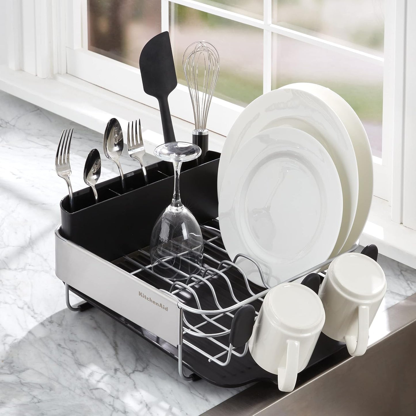 KitchenAid Compact, Space Saving Rust Resistant Dish Rack with Removable Flatware Caddy and Angled Self Draining Drainboard, 16.06-Inch, Black