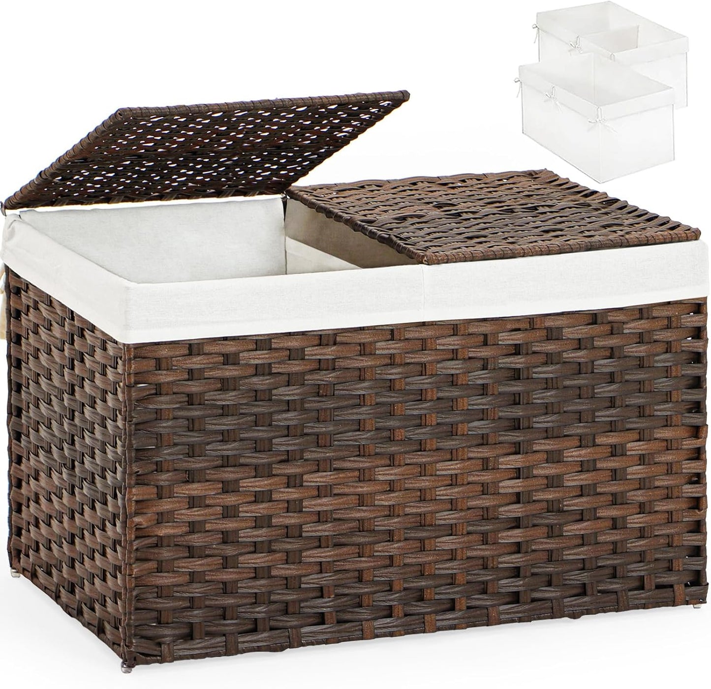 Storage Basket with Lid Rattan Storage Basket with 2 Separate Lid, 27.8 Gallon (105 L) 25.2 * 15.4 * 16.1 Inches Woven Wicker Baskets with 2 Liners and Handles for Bedroom Laundry-Natural