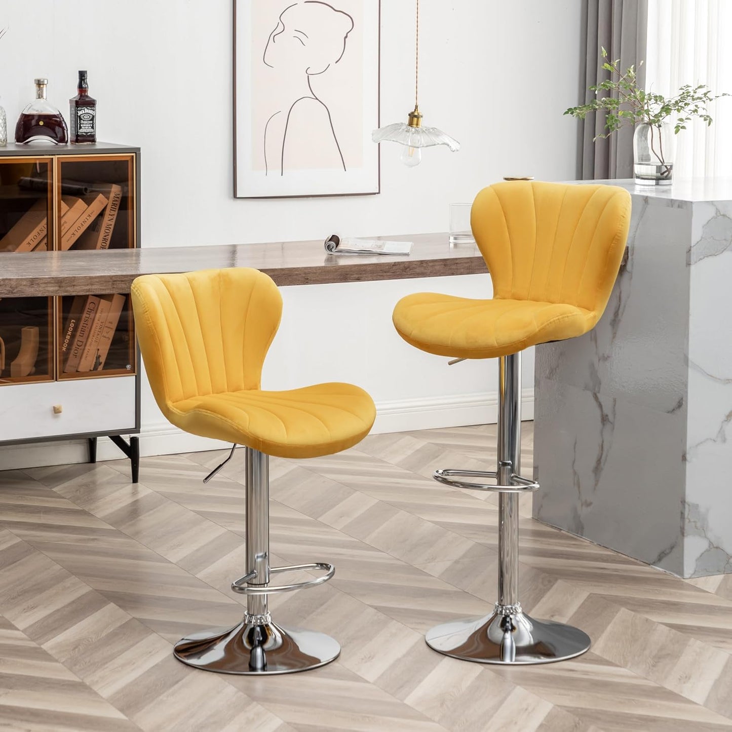 Roundhill Furniture Ellston Velvet Adjustable Swivel Barstools in Blue, Set of 2