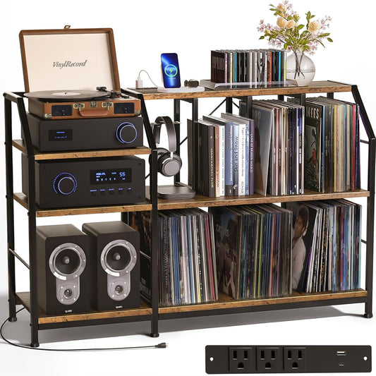 Large Record Player Stand with Charging Station – Turntable Stand & Record Cabinet with Vinyl Storage Holds 500+ LPs, 3-Tier Record Storage Table, Mid-Century Modern Record Stand for Living Room