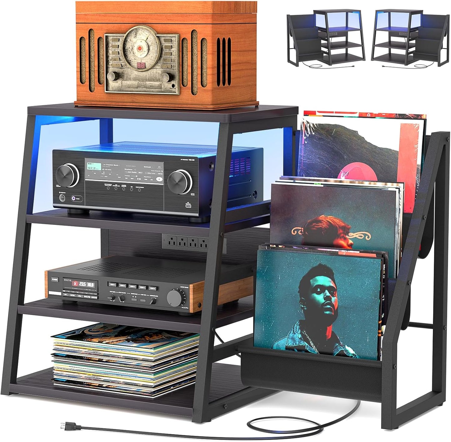 AV Media Stand with Outlets, Stereo Stands and Racks with Vinyl Storage, Stereo Stand with Record Storage, Audio Stereo Rack Cabinet, Turntable Console Stand with LED Lights, 4 Tiers, Rustic Brown