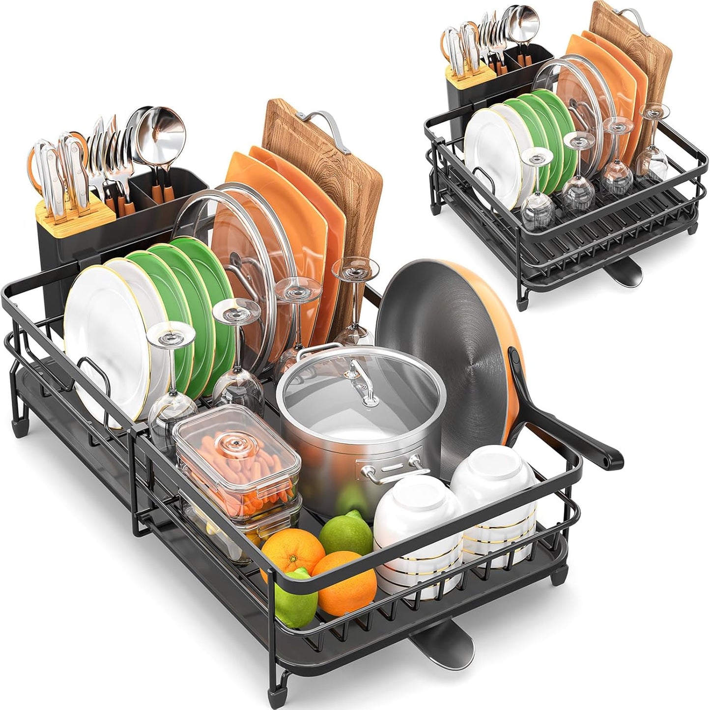 TOOLF Expandable Dish Rack, Dish Drying Rack for Kitchen Counter, Foldable Dish Dryer Rack, Stainless Steel Dish Drainer Racks with Cutlery Holder, Collapsible Dish Drying Racks Large Size,Black