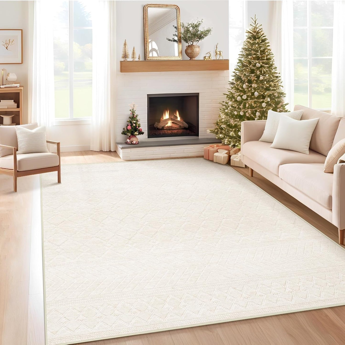 8x10 Area Rug Living Room: Washable Boho Geometric Moroccan Rug Neutral Modern Farmhouse Indoor Soft Non Slip Ultra Thin Large Printed Pattern Carpet for Bedroom Home Office (Beige, 8'x10')