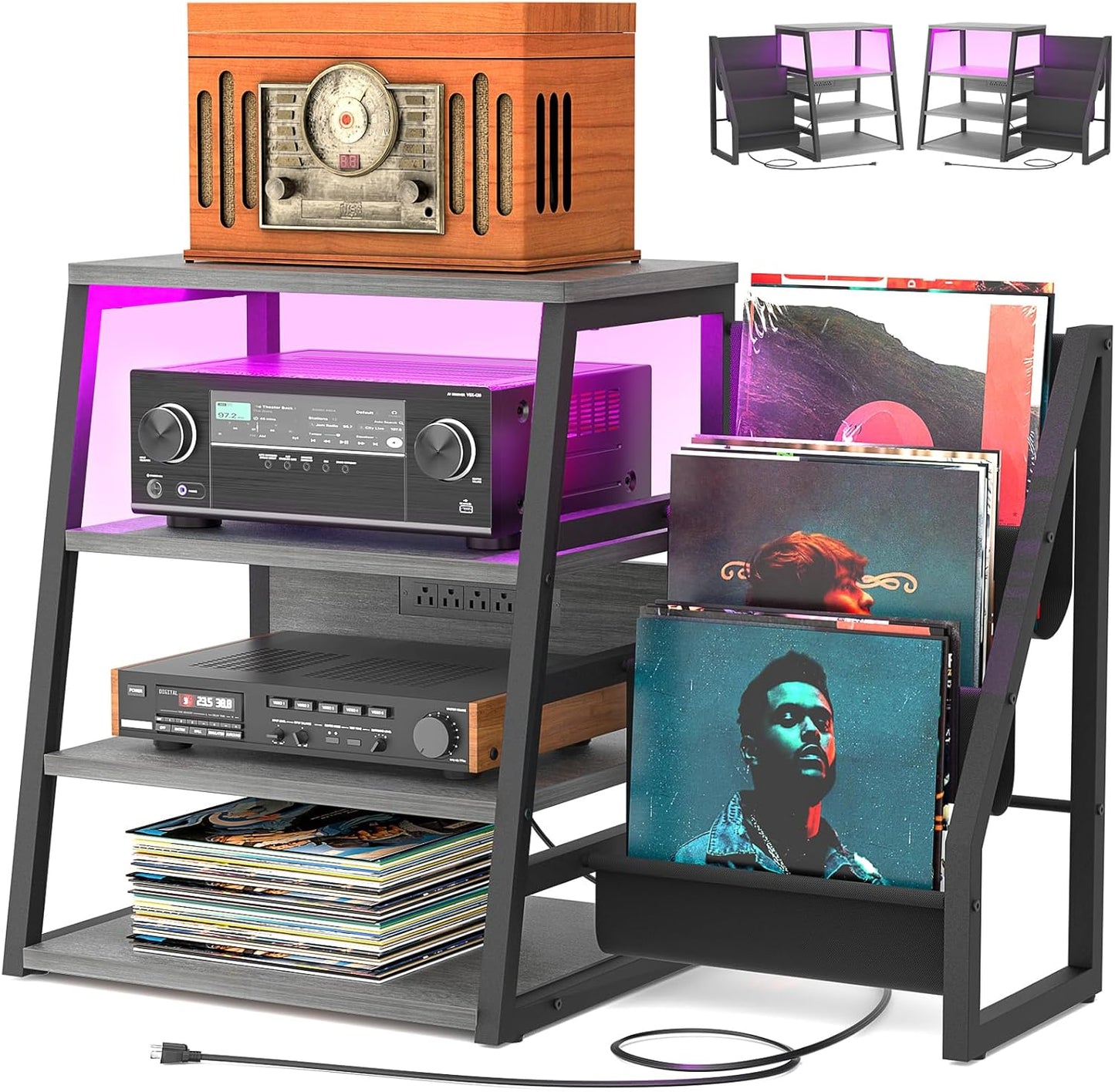 AV Media Stand with Outlets, Stereo Stands and Racks with Vinyl Storage, Stereo Stand with Record Storage, Audio Stereo Rack Cabinet, Turntable Console Stand with LED Lights, 4 Tiers, Rustic Brown