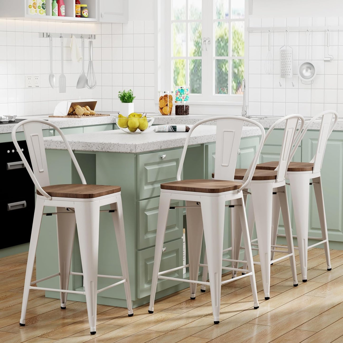 Yongqiang Barstools Set of 4 Counter Height Bar Stools for Kitchen Island Farmhouse Metal High Back Bar Chairs Wooden Seat 24" Matte Black