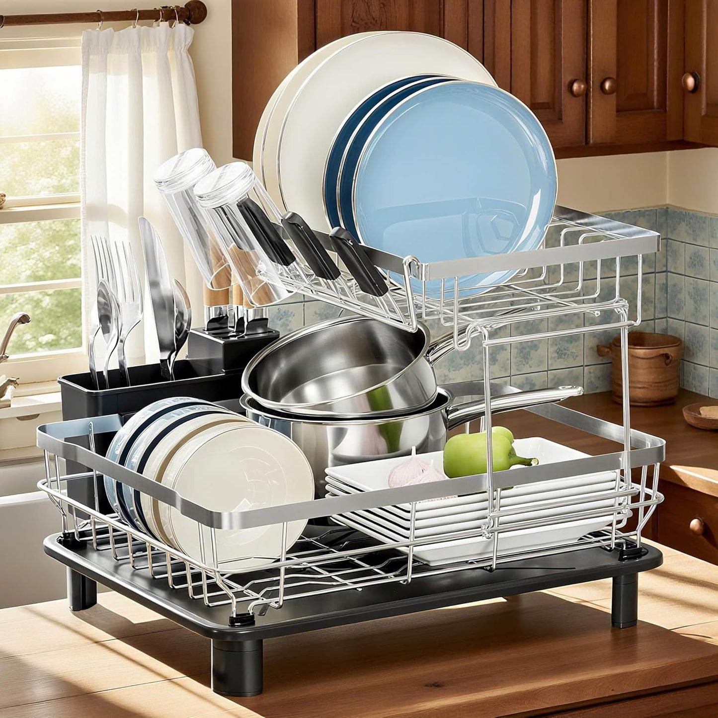 MOUKABAL Dish Drying Rack, Dish Rack, Stainless Steel Dish Racks for Kitchen Counter, Dish Drainer with Removable Utensil Holder, Drainboard (Black)