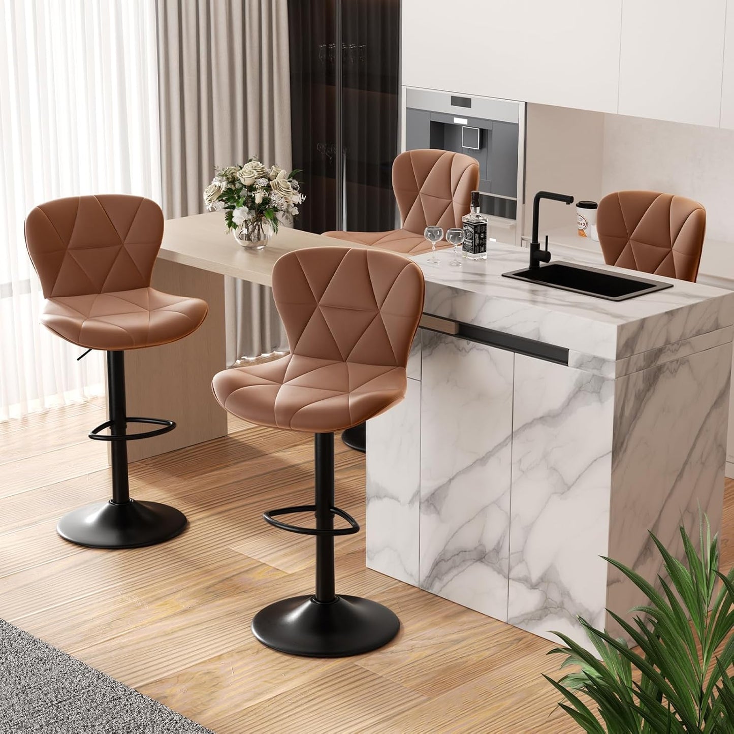 Modern Bar Stools Set of 2, Adjustable Faux Leather Upholstered Swivel Bar Stools, Counter Height Bar Chairs with Back for Kitchen Island, Black