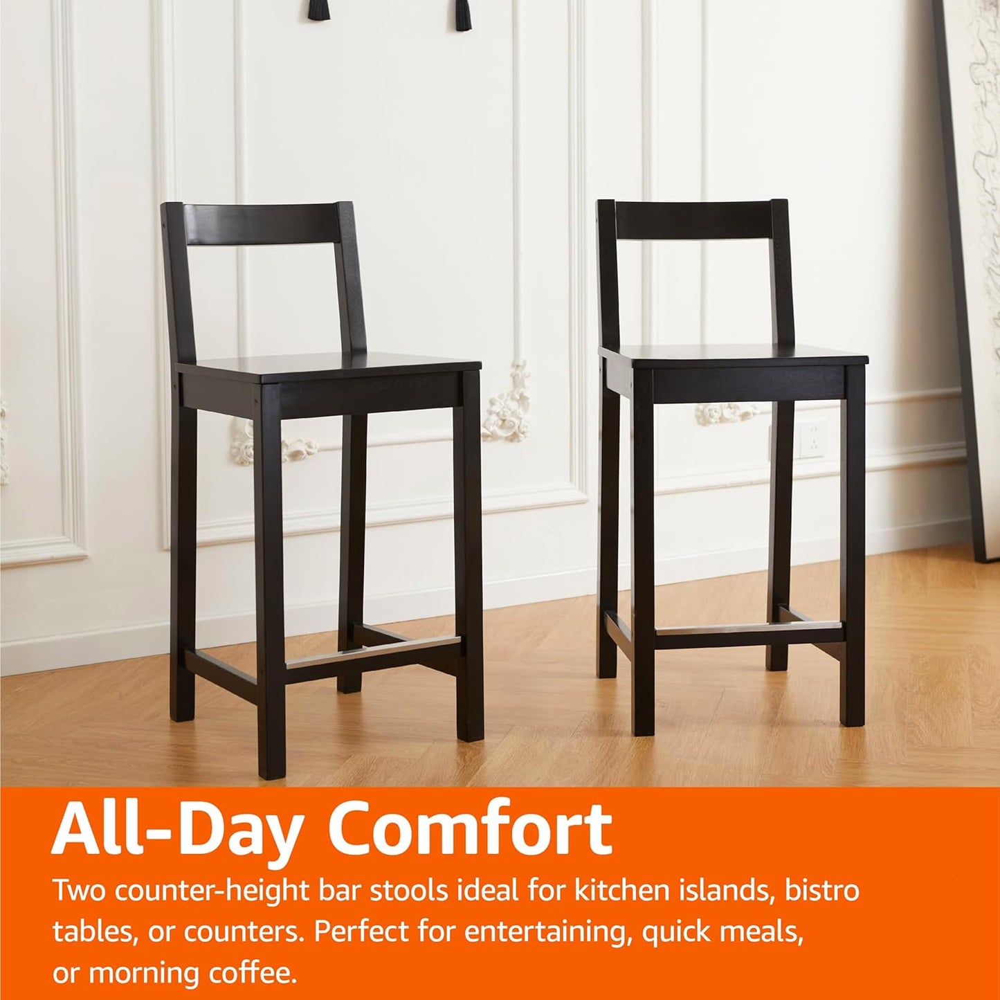 Amazon Basics Wooden Bar Stool with Backrest 24", Black, Set of 2