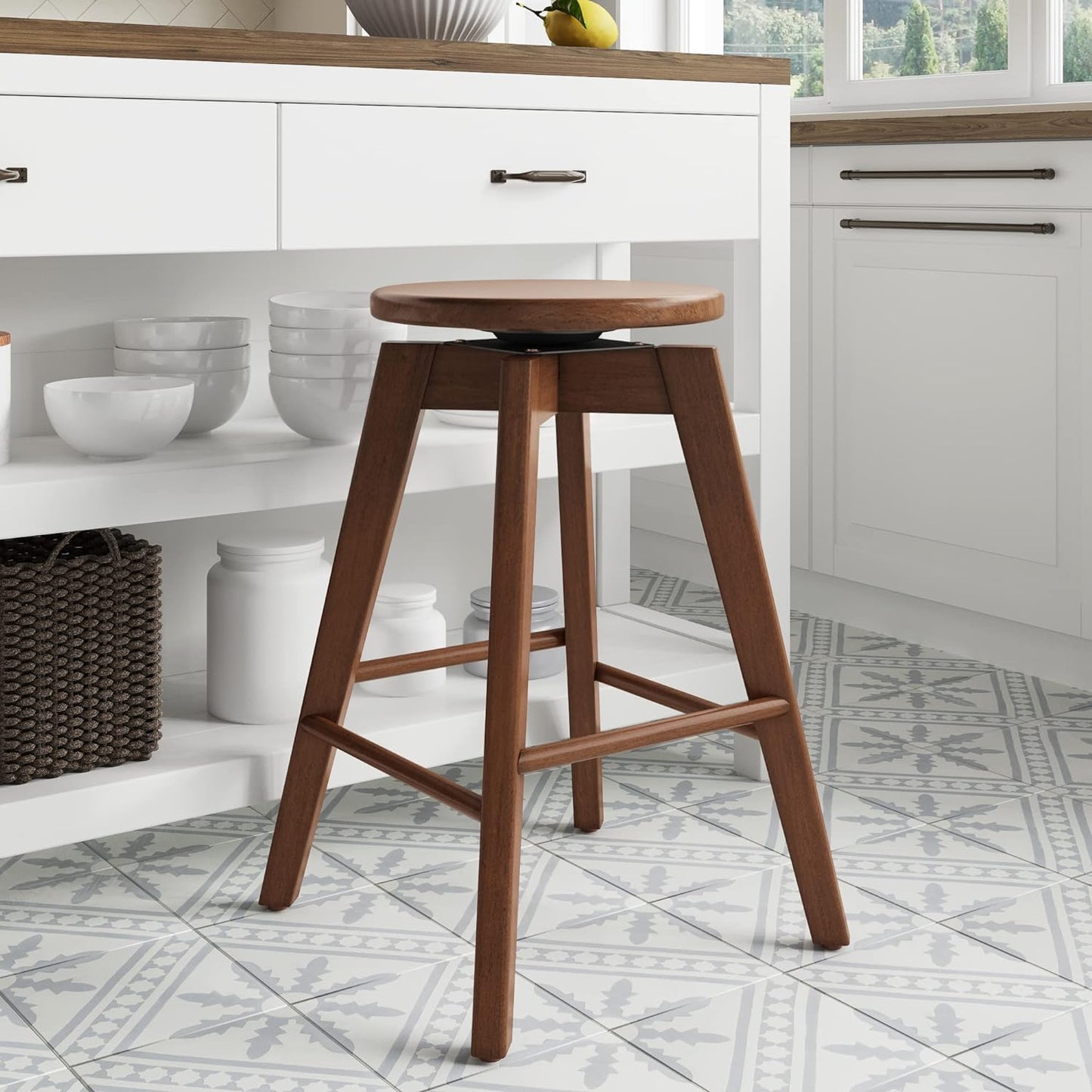 Nathan James Barker Classic Counter Height Wood Barstool with Leather Removable Cushion, Backless Island 24" Bar Stool for Kitchen, Chestnut Brown