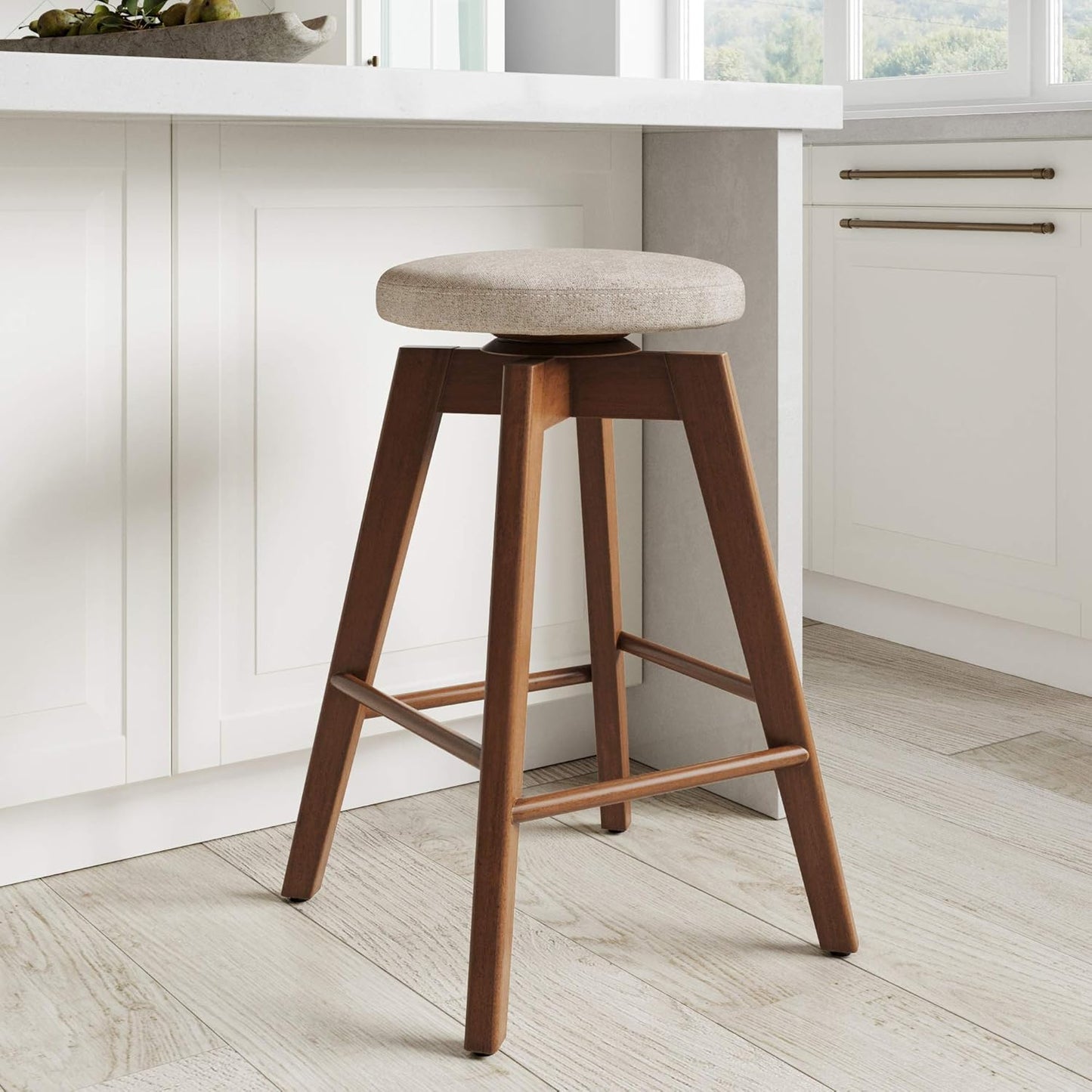 Nathan James Barker Classic Counter Height Wood Barstool with Leather Removable Cushion, Backless Island 24" Bar Stool for Kitchen, Chestnut Brown