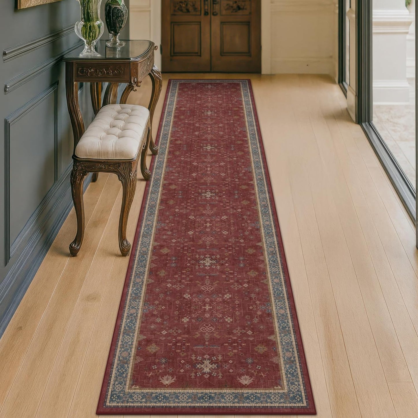 Green Area Rugs 9x12 Living Room - Washable Oriental Geometric, Extra Large for Bedroom Non Slip Soft Faux Wool Carpet for Dining Room Playroom, Lounge - Blue and Green Floral Rug