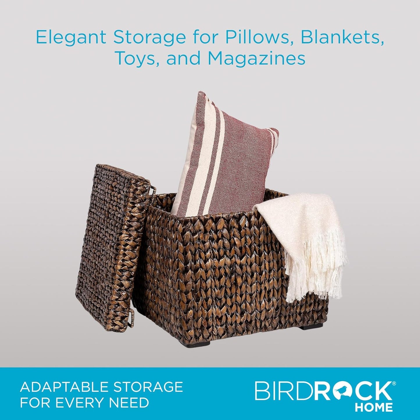 BIRDROCK HOME Storage Cube Box with Lid - Brown Wash Seagrass - Hand Woven Container for Blankets Pillows - Sturdy Metal Frame