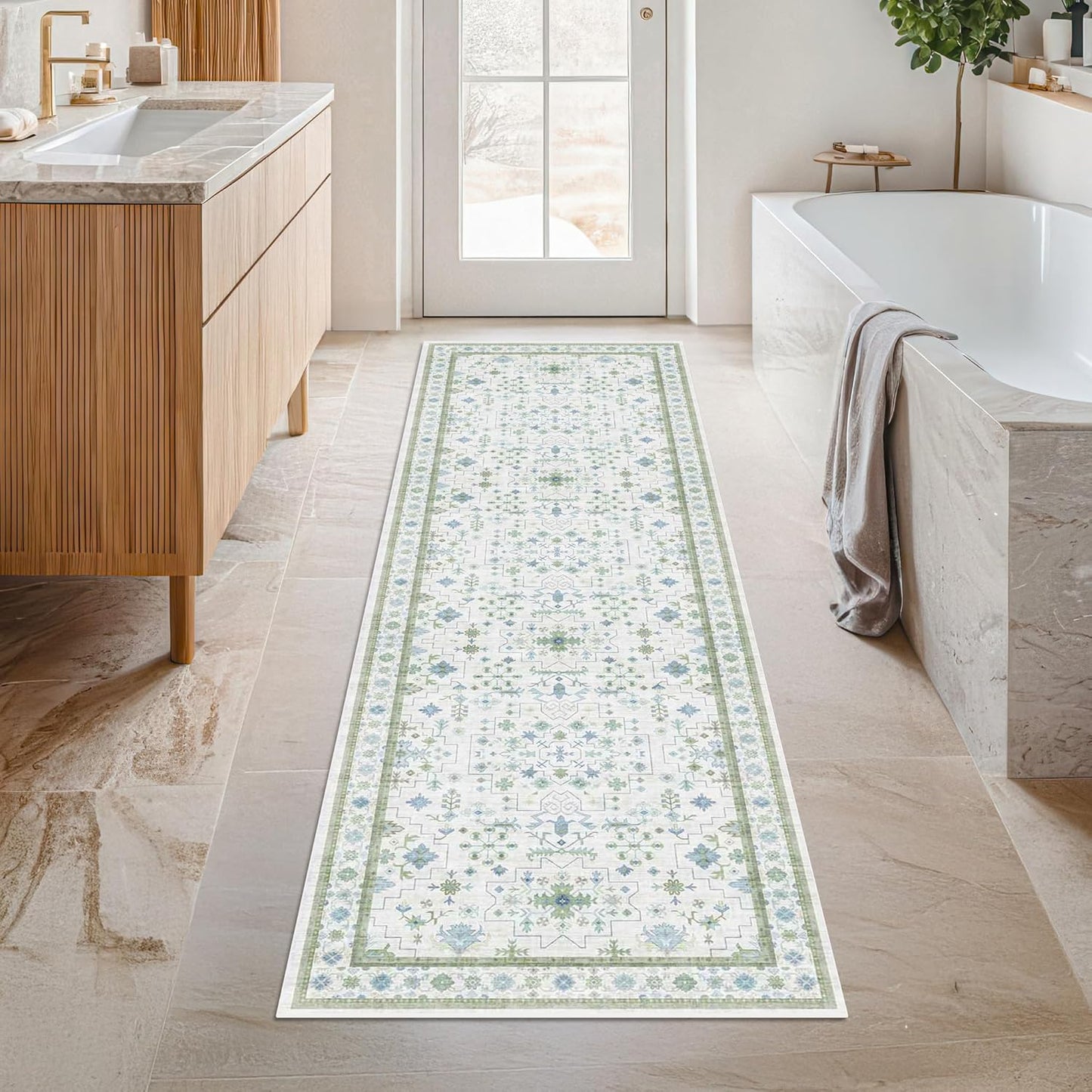 Green Area Rugs 9x12 Living Room - Washable Oriental Geometric, Extra Large for Bedroom Non Slip Soft Faux Wool Carpet for Dining Room Playroom, Lounge - Blue and Green Floral Rug
