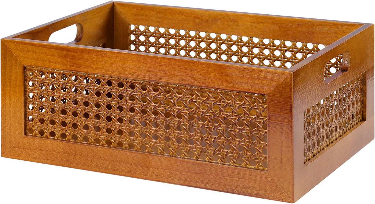 Wooden Storage Basket Set of 4 Handmade Rattan Drawer Storage Box with Frame & Handles Decorative Natural Bamboo Woven Bins Rustic Farmhouse Decor Home Office Tabletop Shelf Organizer